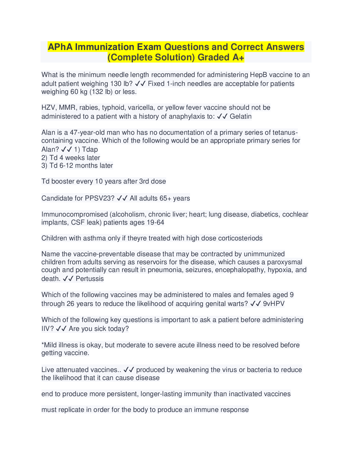 Preview image for APhA Immunization Exam Questions and Correct Answers (Complete Solution) Graded A+
